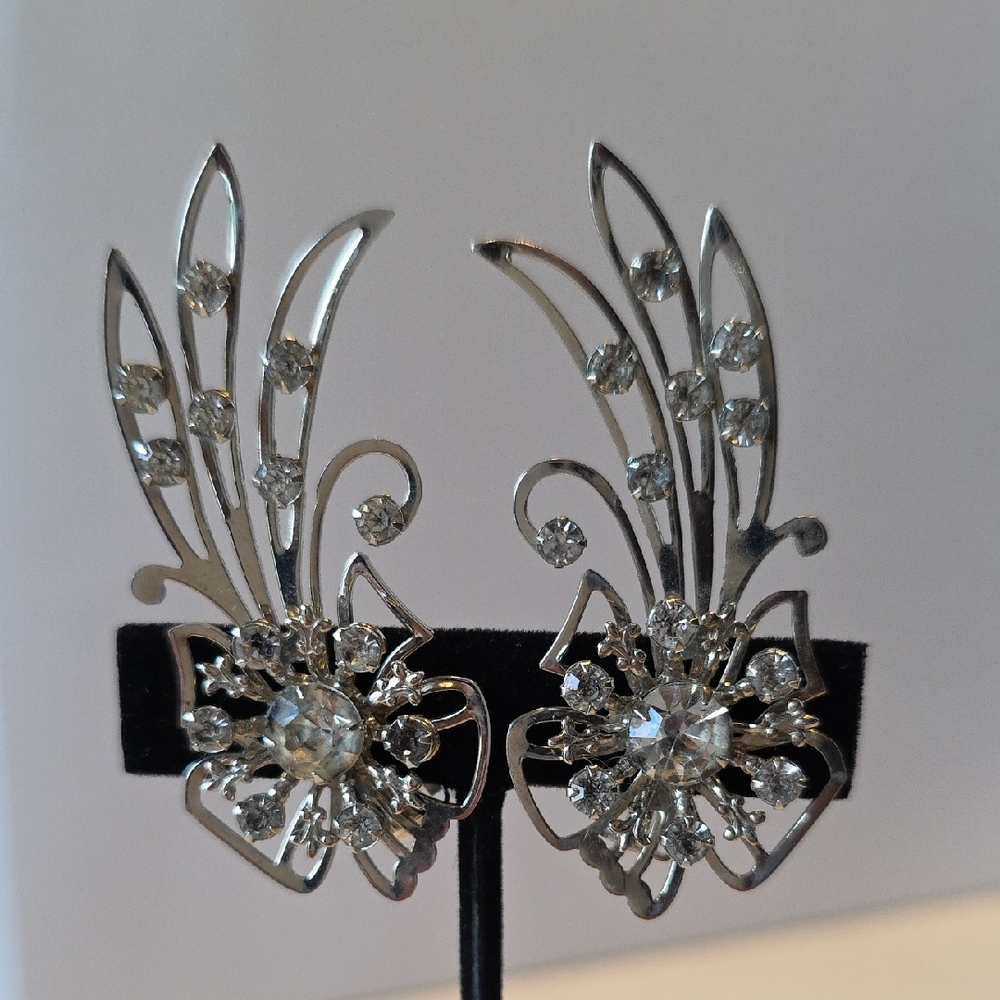 Vintage 1950s Flower Crystal Ear Climbers Clipon 2.5 Inches Marked PAT. PEND.